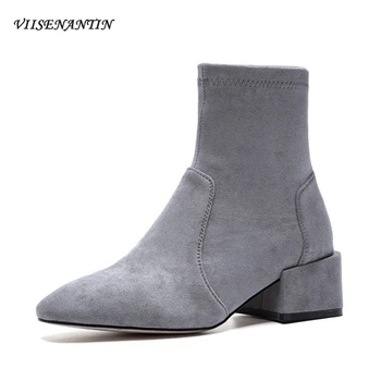 

Spring Autumn New Ankle Boots Female British Style Stretch Boots Thin Round Toe Mid-heel Thick Heel Chic Short Boots Women
