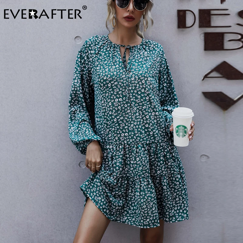 

EVERAFTER Women floral print dress elegant long sleeve lace up ruffles loose autumn dress work wear office ladies green dresses