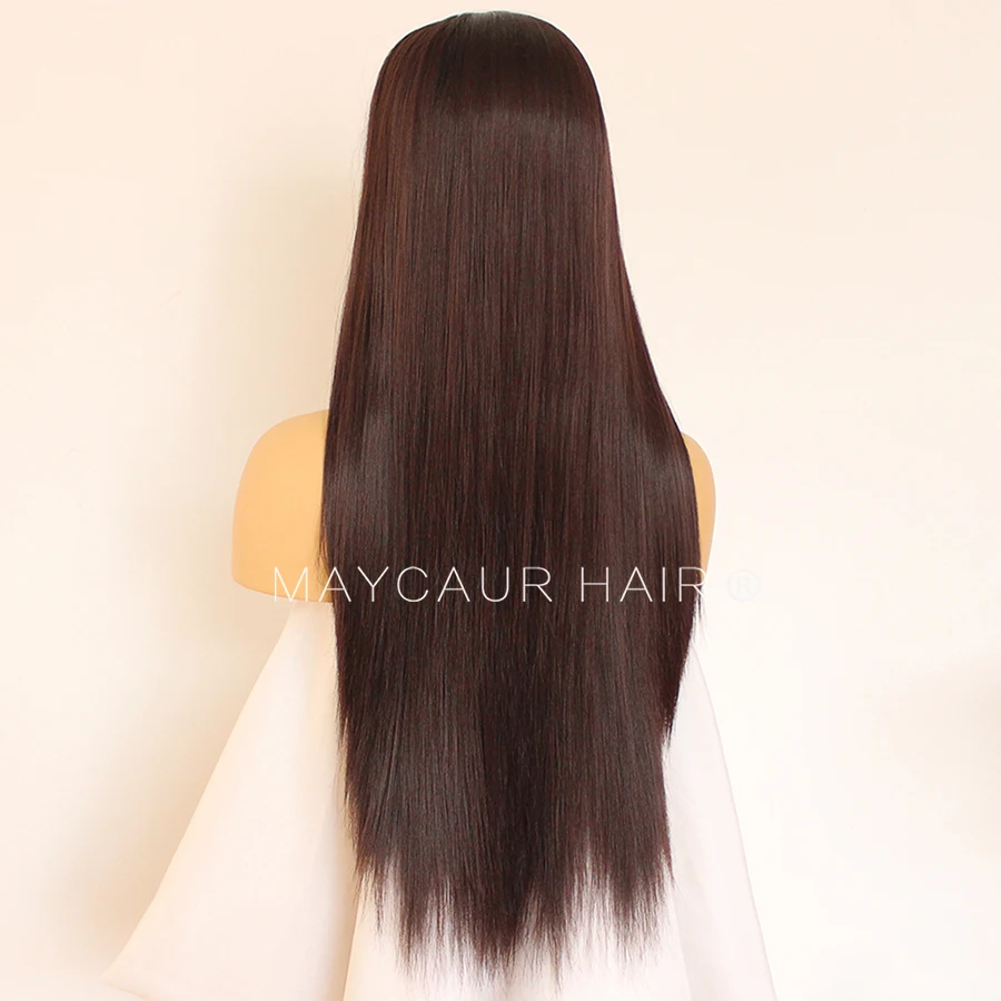 Maycaur Long Straight Wigs with Natural Baby Hair Synthetic Lace Front Wigs for Black Women Glueless Black Brown Ombre Color Wig (7)
