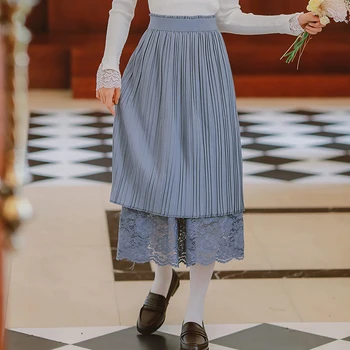 

Blue Sweet Lace High Waist Splice Girl Skirt Pleated Mid Calf Casual Women's Skirt Autumn Fashion Sweet Lady Skirt Faldas Mujer