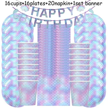 

53pcs/set mermaid scale Disposable tableware baby girl birthday party supplies paper banner cup plate mermaid birthday decor