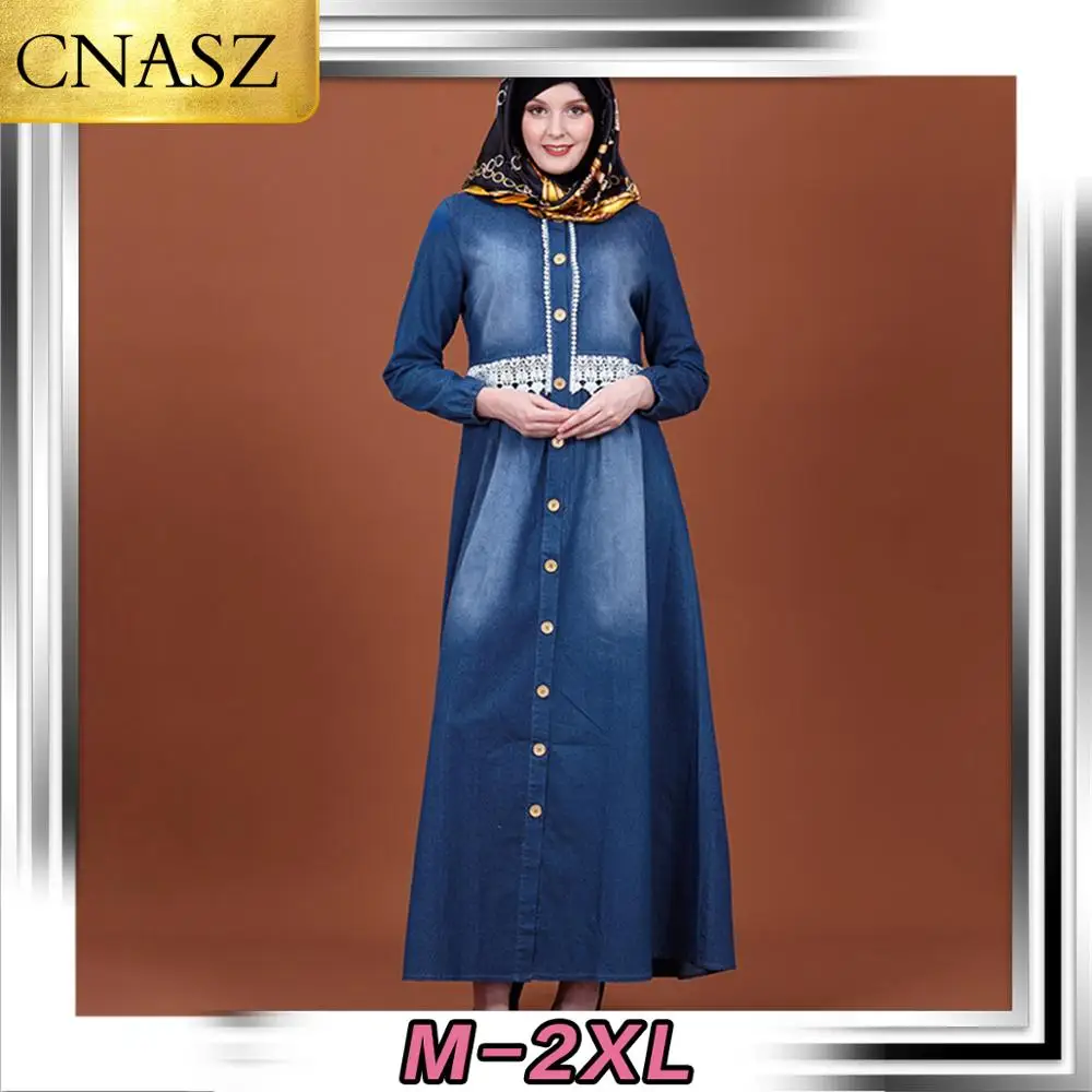 2019 мусульманских Женская одежда Новинка в Корейском стиле, с вышивкой, модное джинсовое платье для стройных Абаи мусульманская одежда для