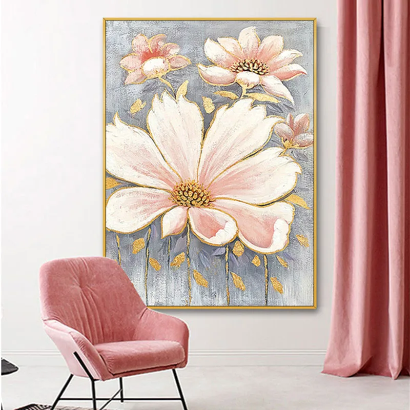 

100% hand-painted abstract vertical pink flower oil painting canvas decorative painting mural modern home painting