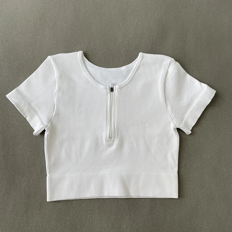 Woman Sports Top With Zipper Yoga Crop Top Ribbed Short Sleeve For Fitness Workout T-shirt Tops Gym Clothing Sportswear sports t shirt yoga top yoga shirt sports shirt