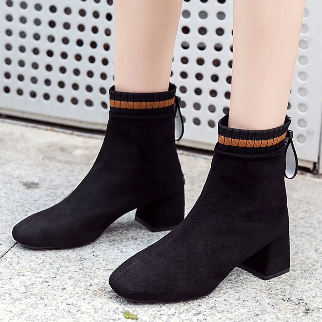 

Women's Knitted Sock Boots Winter Square Toe Short Boot 2019 Lady Stylish Party High Heel Ankle Shoes Suede Back Zip Botas Sexy