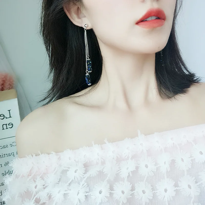 Aretes de mujer; Новинка года; синяя блестящая кисточка; серьги-подвески; ювелирные изделия; массивные серьги; корейские серьги для женщин