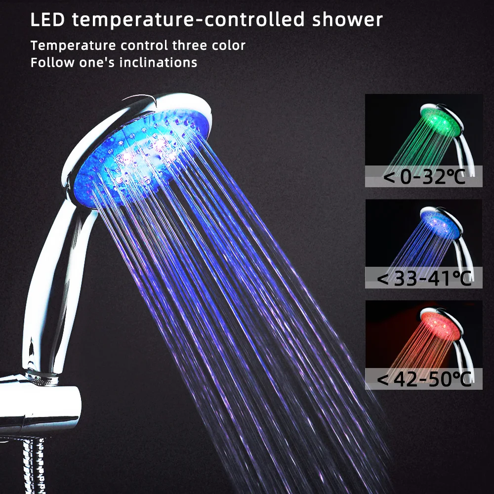 

RGB LED Shower Head Handheld Sprinkler Temperature Sensor 3 Color Ducha Rain Base Power Hotels Showers Heads