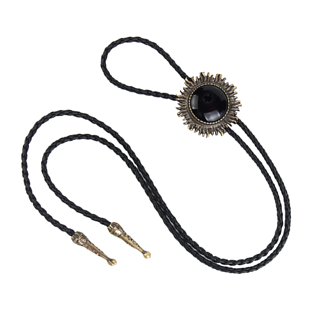 Vintage Antique Bronze Sunflower Black Stone Western Cowboy Bolo Tie Necktie