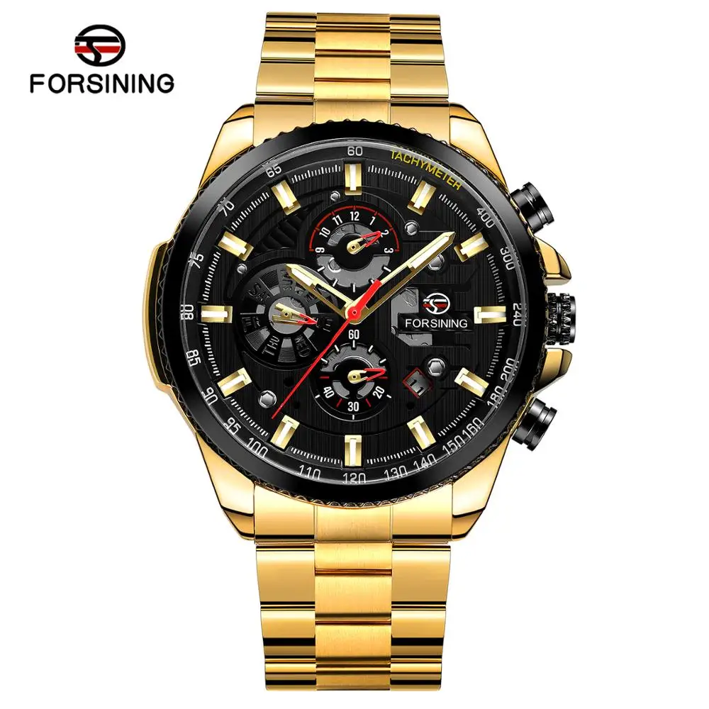 Мужские часы FORSINING, военные, спортивные, автоматические, механические часы, люксовый бренд, мужские часы, скелет, водонепроницаемые часы для мужчин - Цвет: gold black