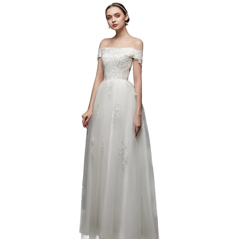 

Simple Wedding Dress Boat Neck Appliques Bridal Gown Elegant A-line Vintage Robe De Mariee Lace Up Floor-Length Custom Made