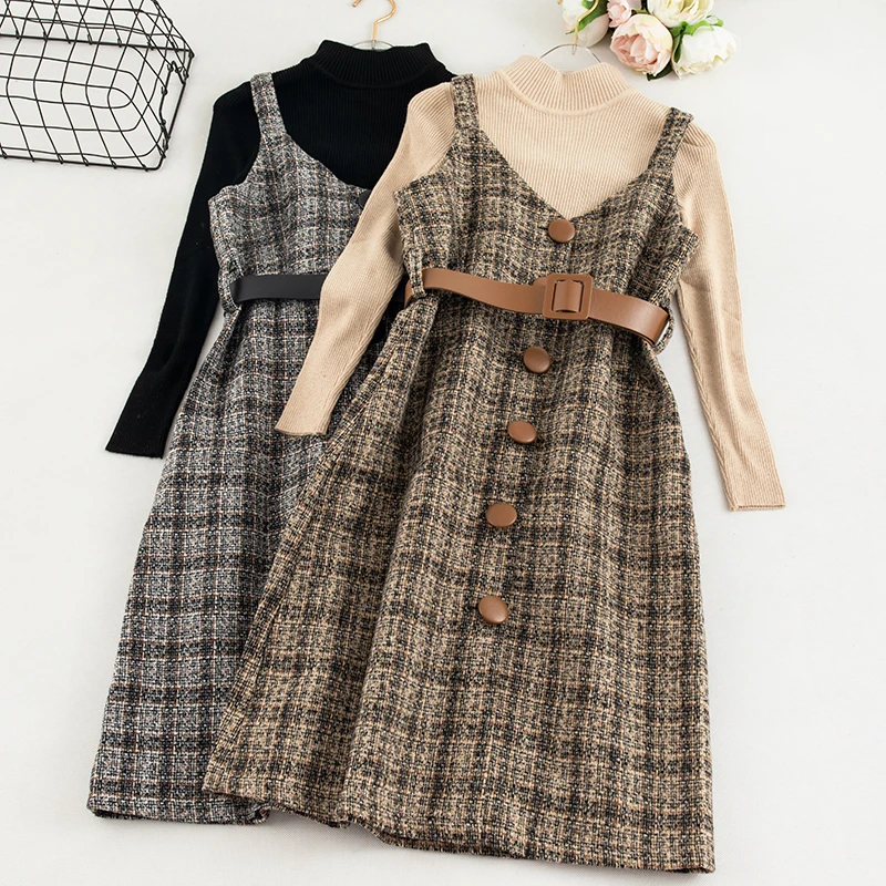 ^Cheap Vintage Women Dress 2019 Autumn Winter Brand Style Two Piece Set Knitted Sweater Top and Wool Plaid Dress Women Elegant Work We