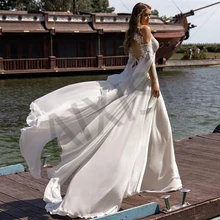 

Jasmine Wedding Dress No Bra Illusion O Neck Full Sleeve A-Line Bride Gown Appliques Cut-Out Chiffon Slit Robe de mariee