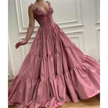 

Pink Princess Elegant Prom Dresses V-Neck 3D Flowers Appliques Spaghetti Strap Buttons Pleated Women Evening Party Gowns Custom