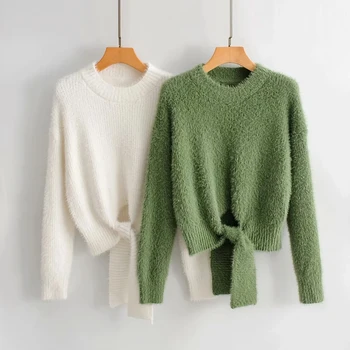 

women lace up bow warm sweater 2020 winter fashion ladies o neck full sleeve solf sweaters vintage female high street style