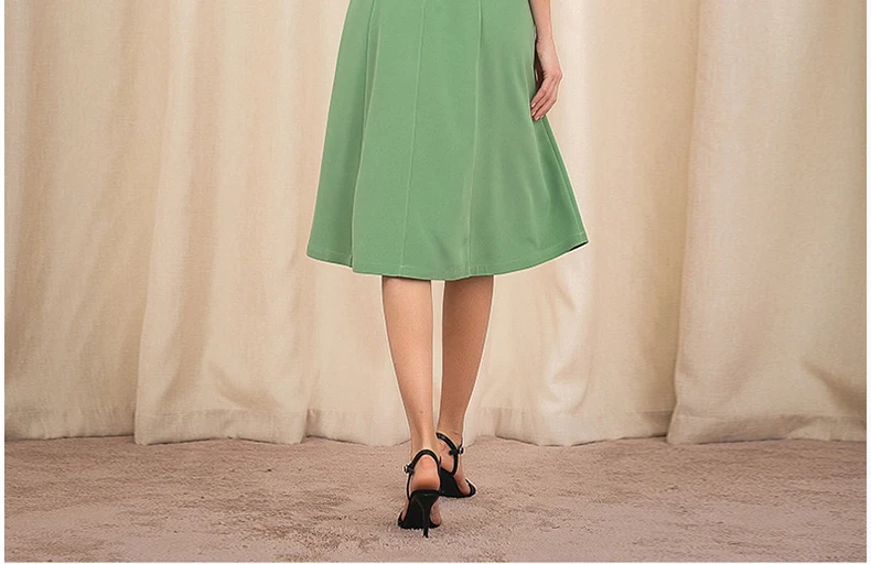 VOA Grass Green Silk Short Sleeve Womens Dresses Round Neck Medium Length Splicing Decoration Thin X-shaped Dress A10605