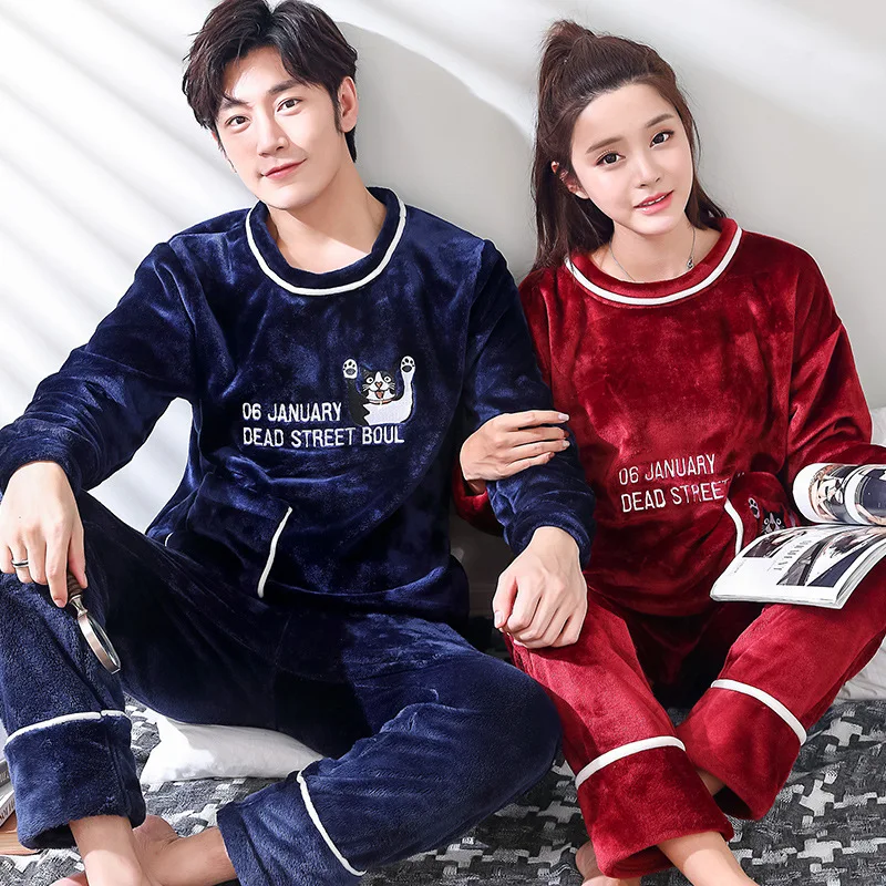 

Ylz-z1403 # Letters And Dog Couples Brushed And Thick Warm Homewear Set High Quality