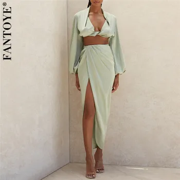 

FANTOYE Satin Irregular Split Puff Sleeve Women Two Piece Dress Sets Sexy Deep V Neck Top And Skirt Set Slim Partywear Suits