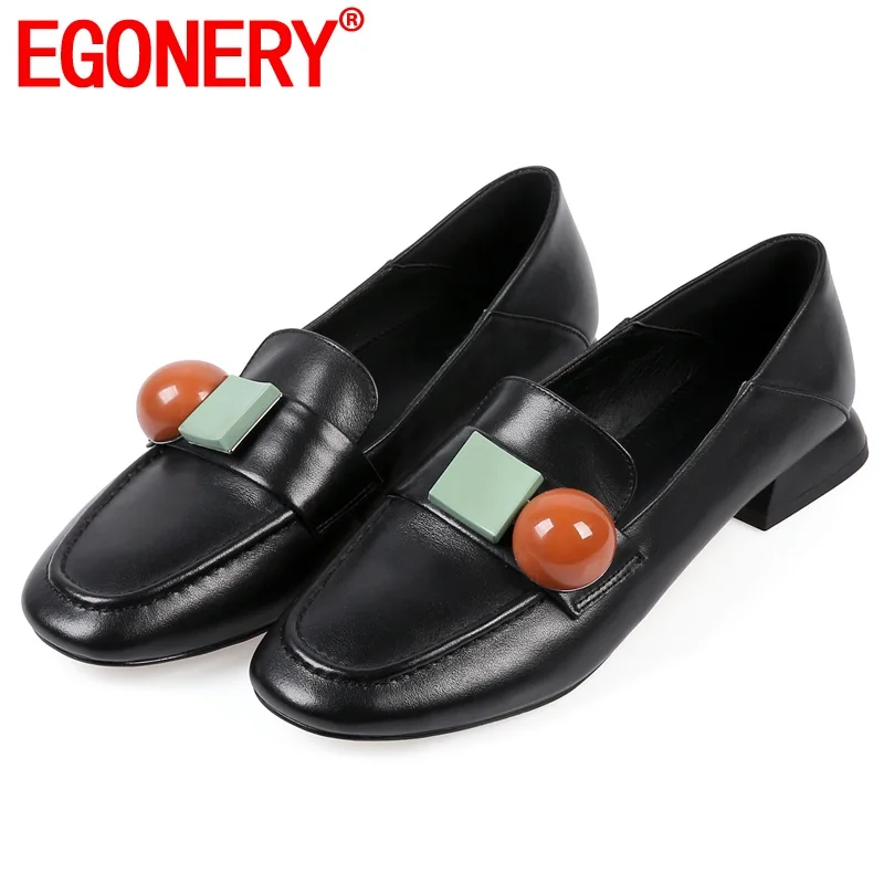 

EGONERY women flats genuine leather summer shoes Boat shoes Square circle decoration causal walking shoes Loafers working shoes