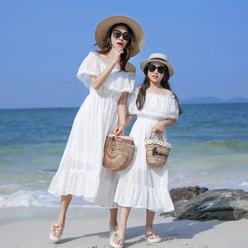 

Mother Daughter Dresses Chiffon Lace Princess Wedding Dress for Mom and Daughter Dress Bohemia Flower Family Matching Clothes