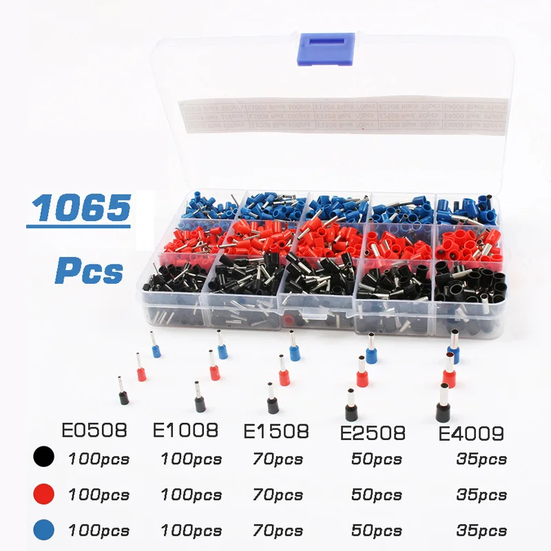 

1065Pcs/Set Wire Crimp Connector Insulated Cord Pin End Terminal Bootlace Cooper Ferrules kit Set 3 colors 22~12AWG