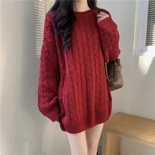 

Autumn Winter Knitted Sweater Women Korean Loose Pullover Ladies Sweaters Lazy Oaf Red Long Sleeve Tops Woman Jumper