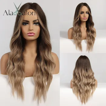 

ALAN EATON Ombre Black Brown Long Water Wave Wigs with Highlights Middle Part Synthetic Hair Wigs for Women High Temperature