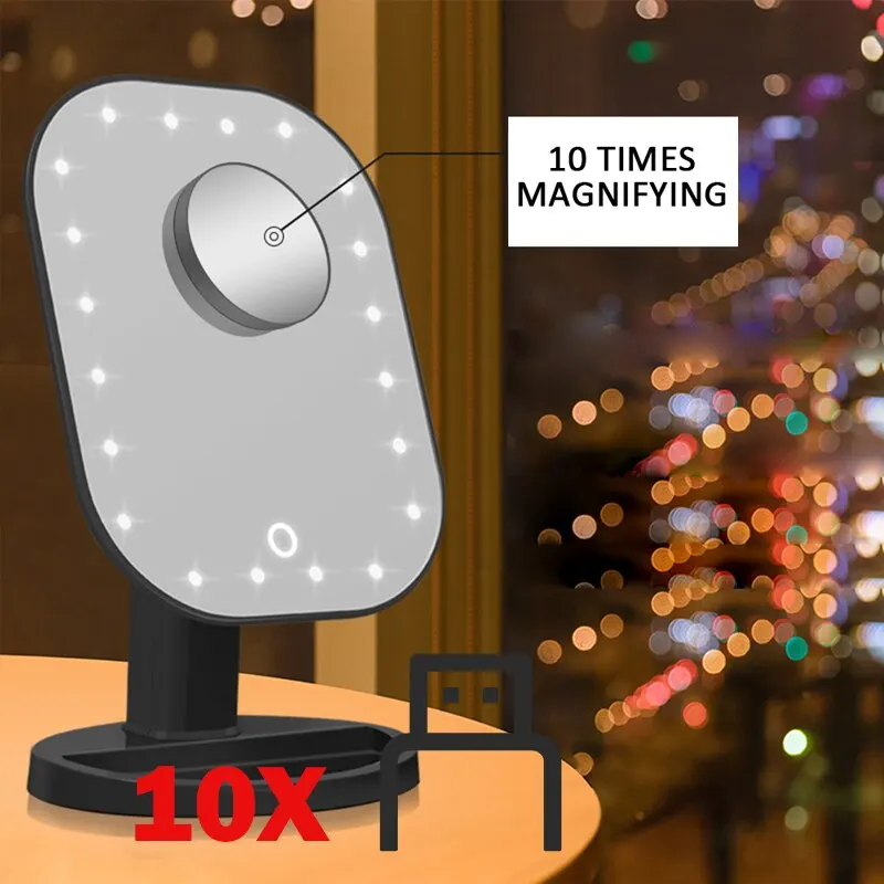 1X 10X Makeup Mirror 20 LED Light Touch Screen 1X 10X Magnifier Makeup Mirror Desktop Countertop Bright Adjustable USB Cable Or Battery - Цвет: 1X 10X