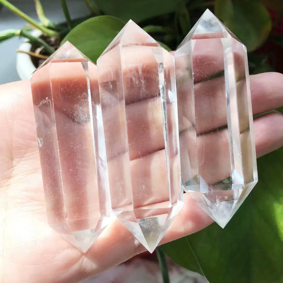 3PCS Natural White Quartz Clear Crystal Obelisk Reiki Treatment Healing Stone Polishing Double-pointed Hexagonal Wand 2