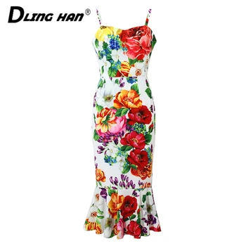 

LINGHAN Vintage Flower Print Slim Mermaid Dress Sexy Backless Spaghetti Strap Vacation Midi Dresses Designer Women's Summer New