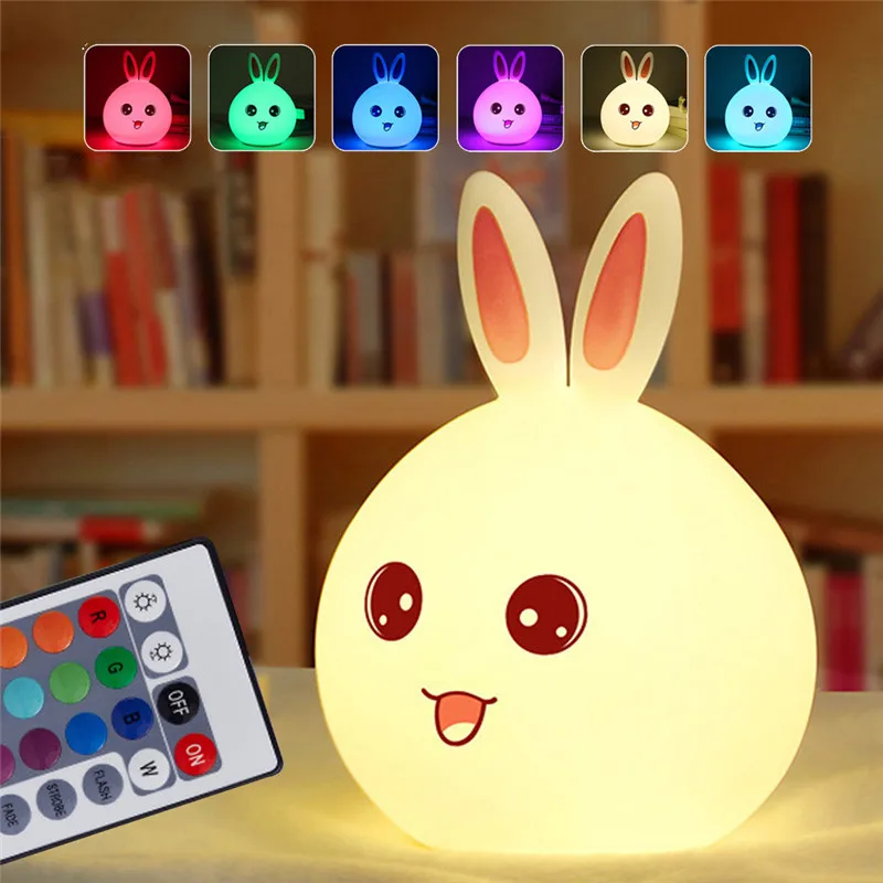 Светодиодный светильник с мультяшным Кроликом, дистанционный сенсорный датчик, цветной USB силиконовый светильник с кроликом, детский ночной Светильник