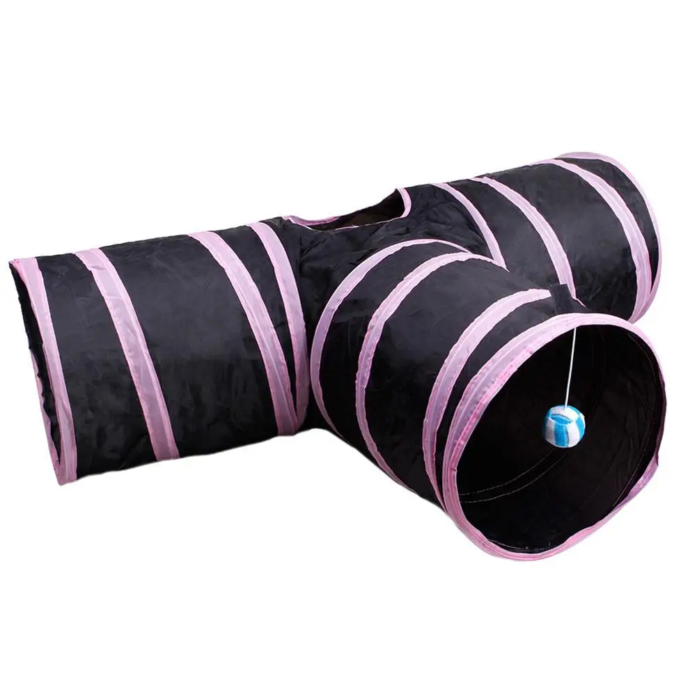 Трехполосная игрушка-туннель для домашних животных с маленькими шариками, 3 отверстия для кошек, кроликов, животных, тоннель - Цвет: Pink solid color