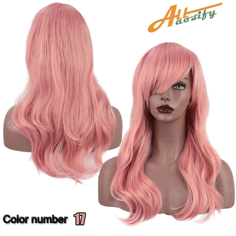 

ALLaosify Long Cos Wavy Synthetic Wigs for Black Women with Bangs Side Part Heat Resistant Wig Cosplay Wig 24'' Pink Blond Brown