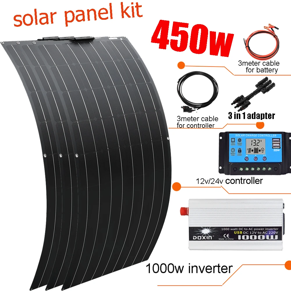 450W 12V Solar Panel Kit Complet High Efficiency Monocrystalline Cell 12V 24V Controller 1000W 220V Inverter for Car RV Camper