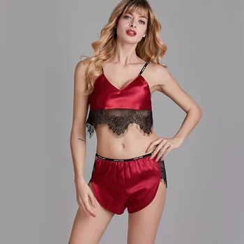 

Black Lace Sleepwear For Female Satin 2PCS Sleep Set Women Mini Sexy Home Dressing Gown Intimate Lingerie Bride Wedding Gift