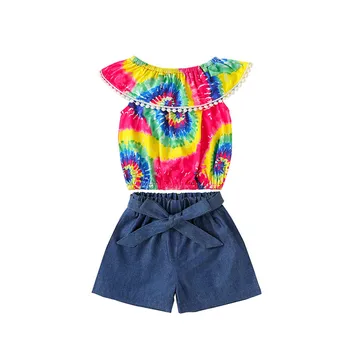 

Brand Girls Summer Clothing Rainbow Tie-dye Print Sleeveless Top+Bow Denim Shorts Outfits for Toddler Girl 9 Months to 4 Years