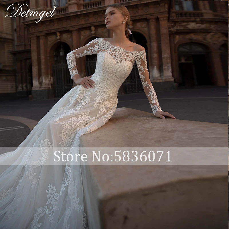 dresses for wedding Detmgel Sexy Boat Neck Button A-line Wedding Dresses New Luxury Beaded Appliques Satin Court Train Princess Wedding Gown bridal gowns