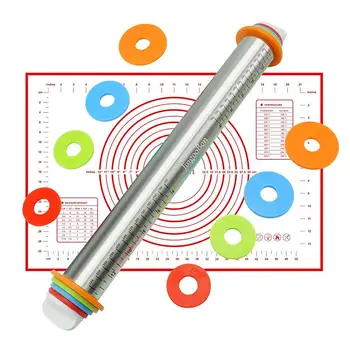 

Rolling Pin Adjustable Stainless Steel Rolling Pins Dough Roller With 4 Removable Adjustable Thickness Rings And Pastry Mat For