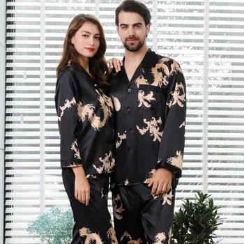 

Women Spring Autumn Pajamas Sleepwear Chinese Style Gragon Printing Robe Set Satin Comfortable