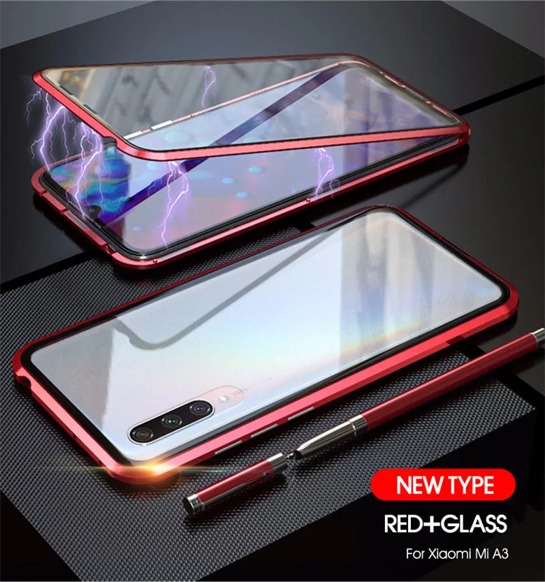 Red Case Двухсторонний Магнитный 360 полная защита чехол для Сяоми Ми А3 for xiaomi mi a3 чехол на для Ксиаоми Ми А3 Mi A3 Mi A 3 закаленное стекло задняя+ передняя для чехол Xiomi Mi A3(CC9e) прозрачный чехол - Цвет: Red Case