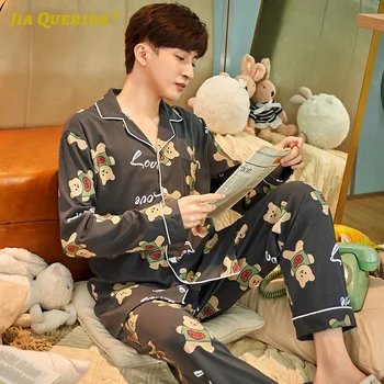 

Set Fashion Style Casual Style Turn Down Collar Cartoon Printing Sleepwear Man New Long Sleeve Long Pants Printing Pajamas