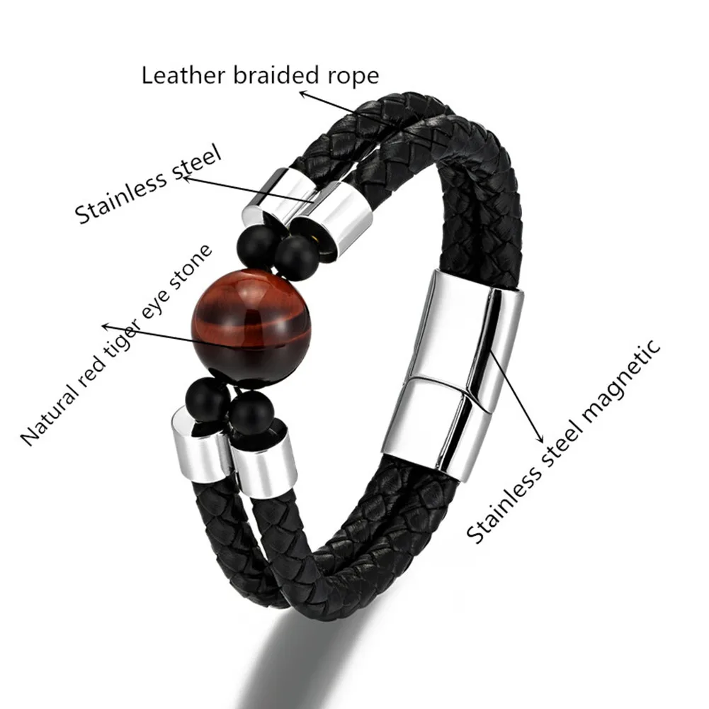 European and American Retro Style 16mm Natural Tiger’s Eye Double-row Leather Cord Bracelet Stainless Steel Magnet Buckle Bracel