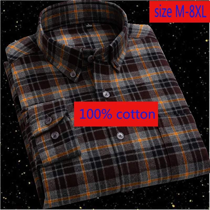 Новое поступление супер большие подушки из чистого хлопка в клетку с длинным рукавом рубашки мужские свободные фланелевые повседневные размера плюс M-4XL 5XL 6XL 7XL 8XL