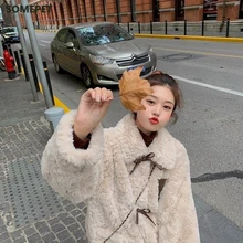 

Imitation rabbit plush fur winter thick loose Korean Bowknot Buttons bow short lamb furry jacket female Kawaii High Street