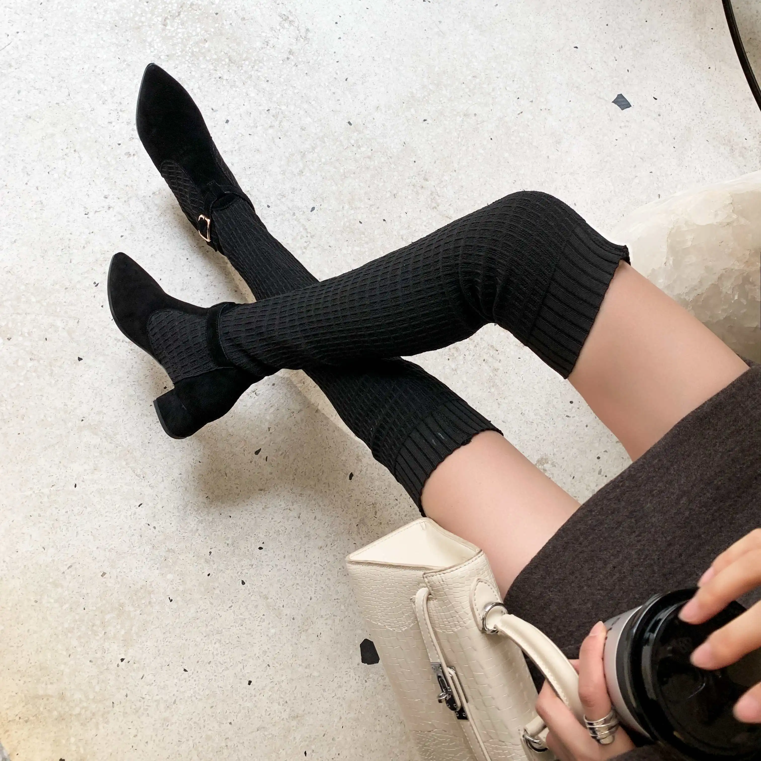 Vichelo Hot Internet star cow suede stretch fabric pointed toe med heels buckle straps winter women warm over-the-knee boots L77