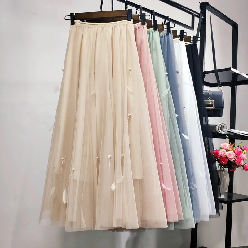 

Tulle Skirts Womens Midi Pleated Skirt Beading Tulle Skirt Women 2020 Spring Summer Korean Elastic High Waist Mesh Tutu Skirt