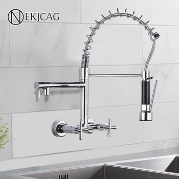 

Chrome Spring Kitchen Faucet 360 Rotation Pull Down Hand Sprayer with Buckle Kitchen Taps Wall Mounted Cold Hot Water Mixer Taps