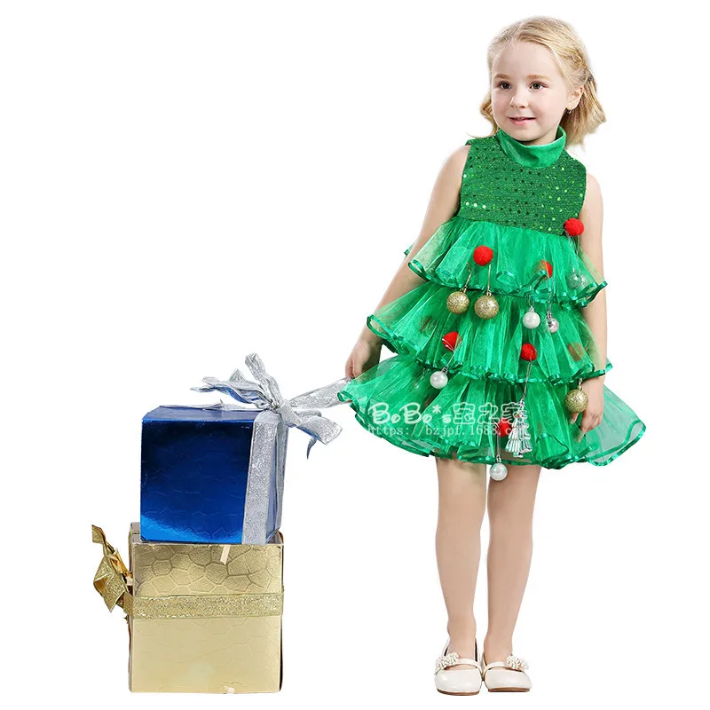 Платье; детская зеленая одежда; Детский костюм на Рождество и Хэллоуин с шляпой; платье для рождественской елки; платье без рукавов для маленьких девочек