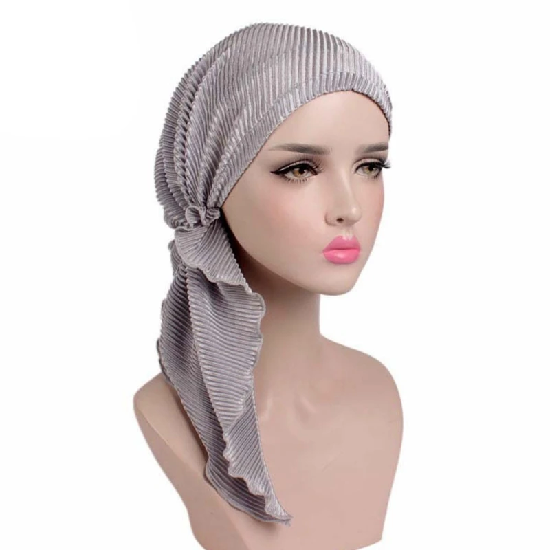 NO.GY Scarf Тюрбан женская мода шикарный летний шарф плиссированный хвост капюшон шапочка для химиотерапии LX9E - Цвет: NO.GY Scarf