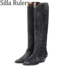 Silla линейки; коллекция года; Подиумные сапоги до колена из натуральной кожи; женские мотоциклетные женские ботинки на не сужающемся книзу массивном каблуке; рыцарские сапоги; zapatos de mujer