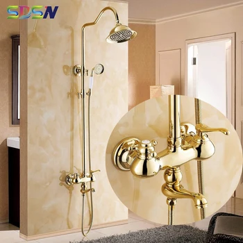 

Brass Gold Shower Set Square Inwall Moutned Single Handle Bathroom Shower Faucet 8 Inch Rainfall Shower Head Gold Shower Suit